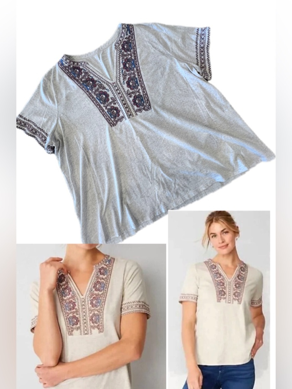 Pure Jill Embroidered Tee Oatmeal / Multi VNeck Boho 100% Cotton 2X